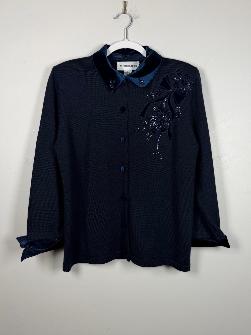 Vintage Alfred Dunner Navy Blue Cardigan Sweater Bow Beaded Small Coquette Wool